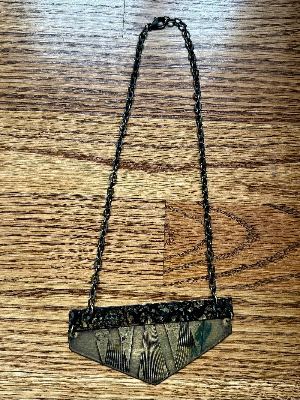 Geometric Brass Pendant Necklace in Gold with Patina, handmade, one of a kind - Picture 2 of 5